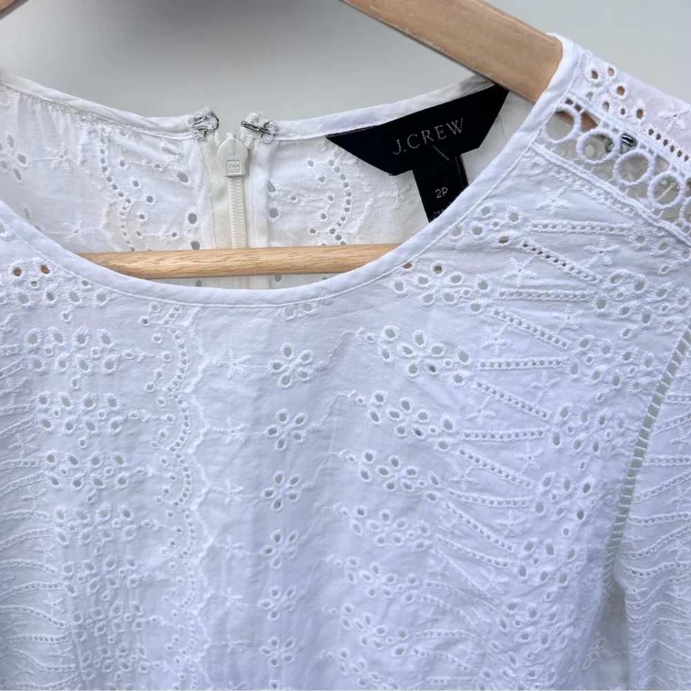 New J. Crew White Eyelet Cutout Long Sleeve Lined Dress 2 petite